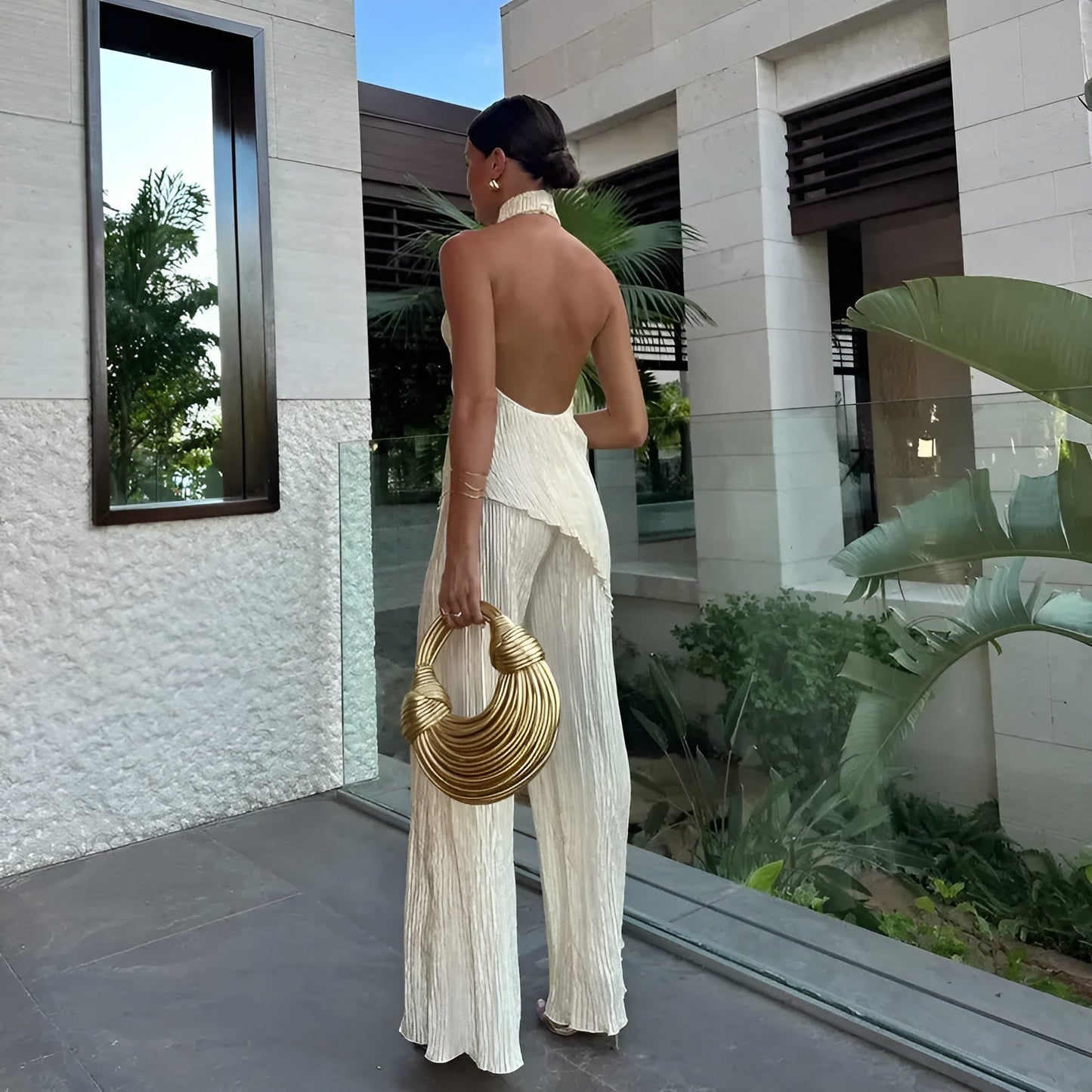 Hazel - Asymmetric Halter Crop Top With Wide Leg Pants Set