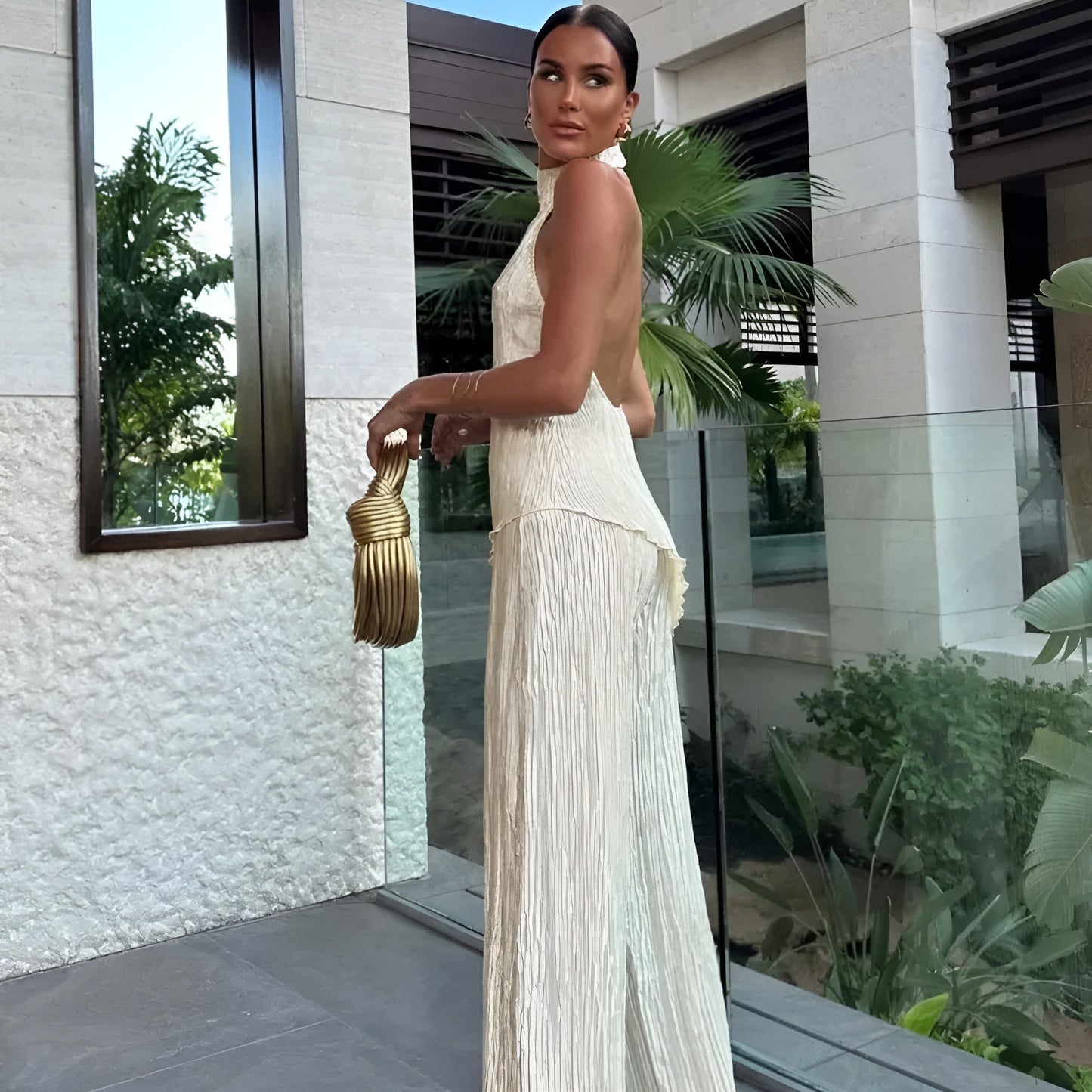 Hazel - Asymmetric Halter Crop Top With Wide Leg Pants Set
